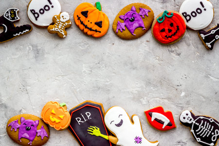 Halloween holiday background with cookies, top viewの写真素材