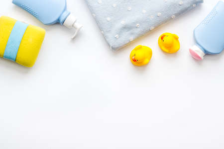 Flat lay of baby organic cosmetic for bath, overhead viewの写真素材
