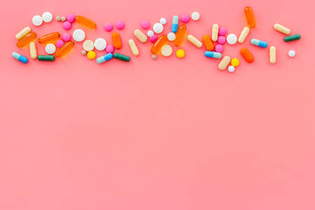 A lot of colorful medication pills drugs, top viewの写真素材