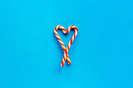 Red Christmas candy can, flat lay, top viewの写真素材