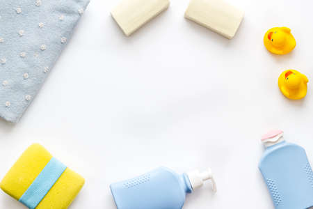 Frame of accessories for baby bathing. Organic cosmetic, top viewの写真素材