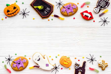 Flat lay of homemade Halloween cookies. Top view, copy spaceの写真素材