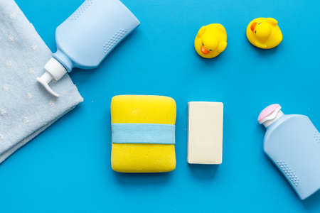 Daily newborn care products for skin and bathing. Overhead view