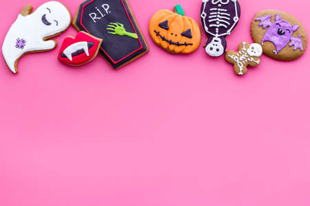 Top view of Halloween gingerbread cookies, copy spaceの写真素材