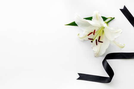 Funeral concept with lily and black ribbon, space for text