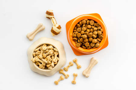 Set of dog food and toys. Pet food background, top viewの写真素材