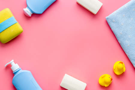 Frame of accessories for baby bathing. Organic cosmetic, top view