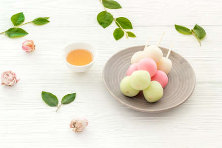Japanese three colored dumplings Dango, close upの写真素材