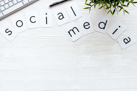 Social media marketing trends concept. Workplace top viewの写真素材