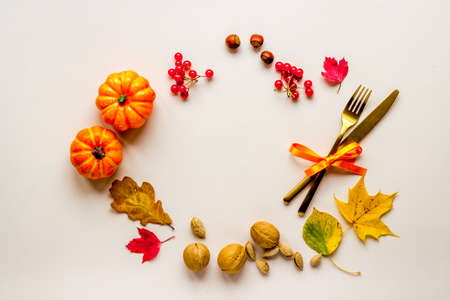 Thanksgiving dinner background with pumpkins leaves and cutlery, top viewの写真素材