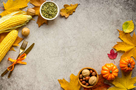 Thanksgiving dinner background with pumpkins leaves and cutlery, top viewの写真素材