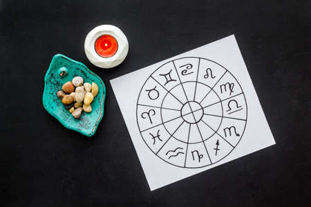 Horoscope wheel of zodiac symbols on work placeの写真素材