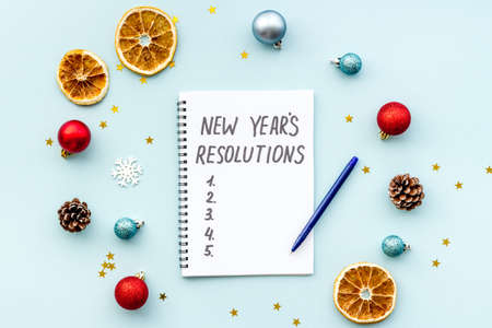 2021 New Years resolutions with Christmas decorations. Overhead viewの写真素材