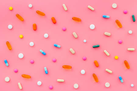 Pills and medicines pattern top view, medical pills and tablets backgroundの写真素材