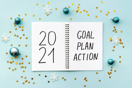 New year goals and plan concept, top view. Flat lay