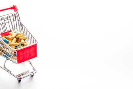 Online pharmacy shopping concept. Basket with pills and medicine