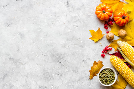 Harvest or Thanksgiving concept, top view, copy space