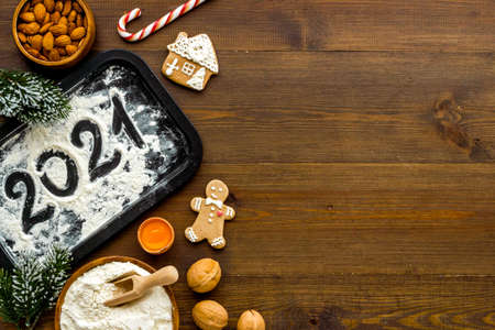 Cooking background with icing gingerbread cookies for Christmas, top viewの写真素材