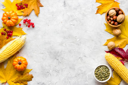 Thanksgiving and autumnal holiday layout top view, copy space