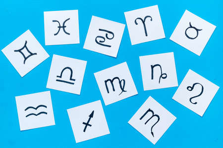 Twelve zodiac signs top view. Horoscope astrology concept.の写真素材