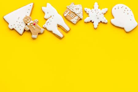 Flat lay of icing gingerbread cookies, top viewの写真素材