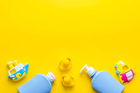 Flat lay of baby care products for bathroom. Top viewの写真素材