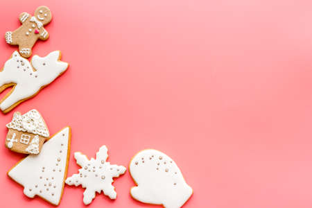 Food pattern with icing gingerbread cookies for Christmas, overhead viewの写真素材