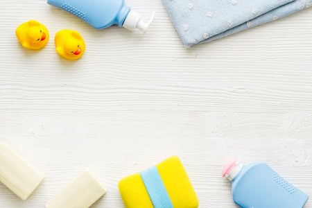 Frame of accessories for baby bathing. Organic cosmetic, top view