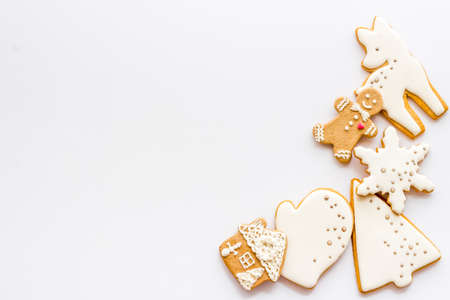 Christmas winter dessert - icing gingerbread cookies, top viewの写真素材