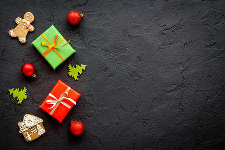 Gift boxes for Christmas with icing gingerbread cookies, top viewの写真素材