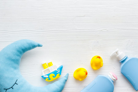 Daily newborn care products for skin and bathing. Overhead view