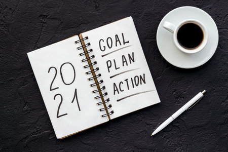 New year goals and plan concept, top view. Flat lay