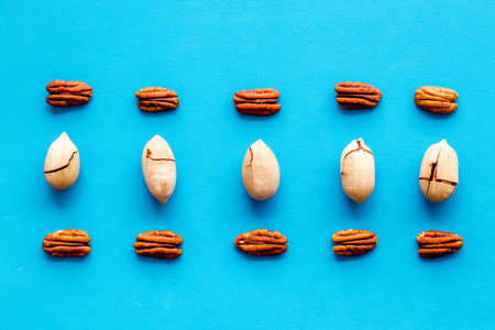 Pecan nuts pattern. Food background, top viewの写真素材