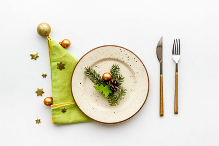 Christmas or New year table setting. Top view, flat layの写真素材