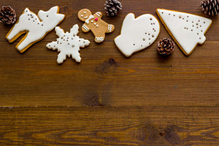 Flat lay of icing gingerbread cookies, top viewの写真素材