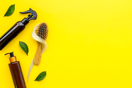 Female hair care set with comb and herbal shampoo. Top view, copy space