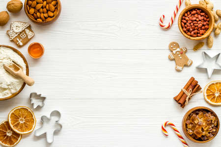 White Christmas cookies with gingerbread men, top viewの写真素材