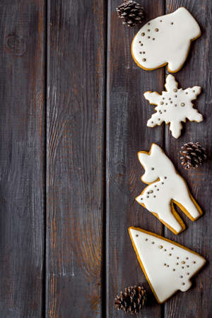 Food pattern with icing gingerbread cookies for Christmas, overhead viewの写真素材