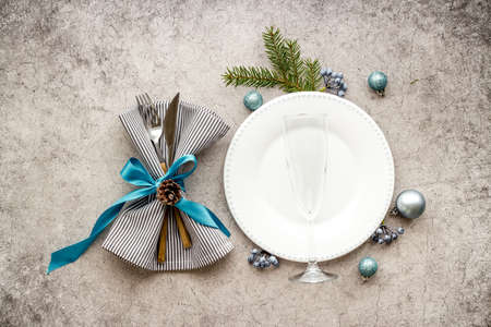 Christmas or New year table setting. Top view, flat layの写真素材