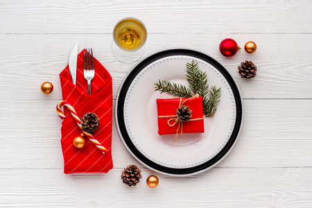 Christmas dinner background. Table setting top view