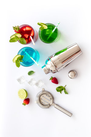 Mix of cocktails cold drink with ingredients and bar toolsの写真素材