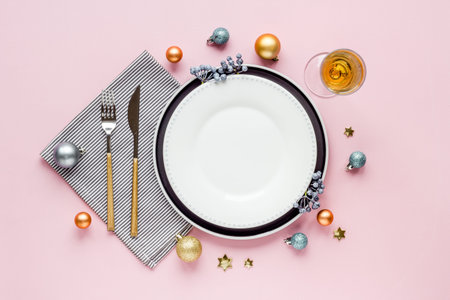 Christmas or New year table setting. Top view, flat lay