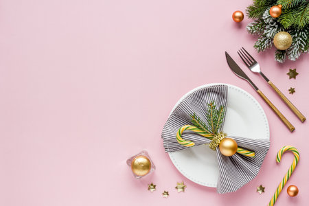 Beautiful Christmas table setting. New year decoration. Top viewの写真素材
