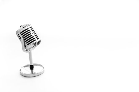 Vintage retro style silver microphone, close up, copy spaceの写真素材