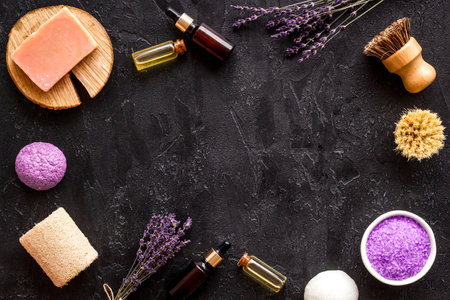 Frame of lavender cosmetics products with natural essential oil and herbs saltの写真素材