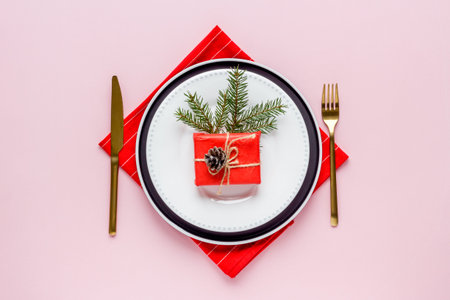 Christmas or New year table setting. Top view, flat layの写真素材