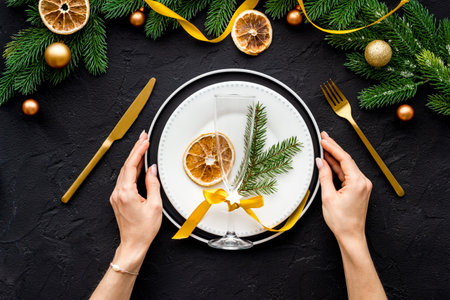 Christmas or New Year table setting. Holiday background top viewの写真素材