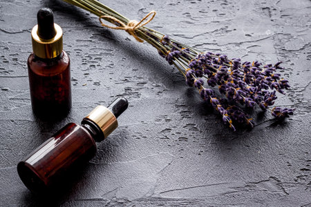 Set of lavender cosmetics products with spa beauty essential oil and herbsの写真素材