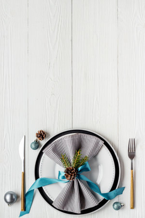 Christmas or New Year table setting. Holiday background top viewの写真素材