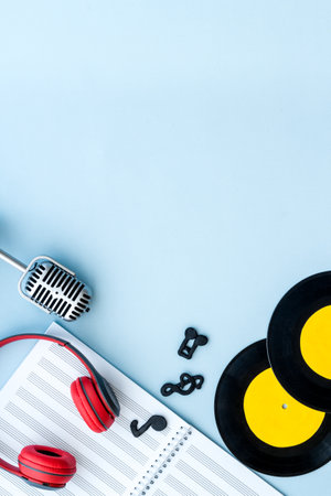 Background music flat design - instruments, microphone and headphones, top viewの写真素材
